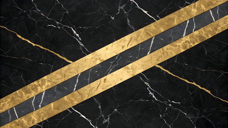A black marble texture with prominent white veining is intersected by bold diagonal stripes. Two of the stripes are a rich metallic gold, and one stripe is a dark grey, also with subtle veining. The composition creates a striking contrast between the natural stone and the geometric metallic elements.の素材