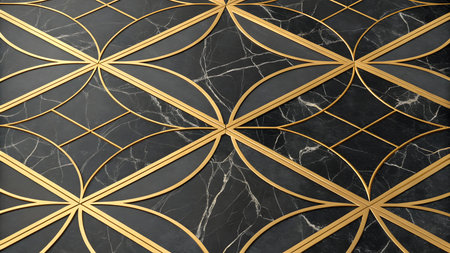 A close-up view of a black marble surface with a repeating geometric pattern of fine gold lines. The gold lines form stylized petal shapes and diamond outlines, creating an art deco aesthetic. The marble has natural white veining that contrasts with the dark background.の素材