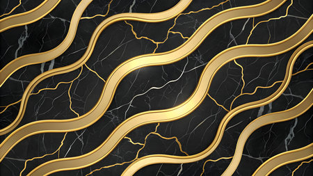 A seamless abstract pattern featuring a black marble texture with intricate white and gold veining. Overlaid on this are smooth, flowing wave-like ribbons of metallic gold, creating a luxurious and dynamic visual. The gold elements appear to mimic natural cracks or veins within the marble.の素材