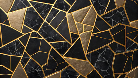 Mosaic showing black marble and gold geometric mosaic pattern image. High resolution image suitable for commercial use. Clear details and vibrant colors enhance visual appeal.の素材