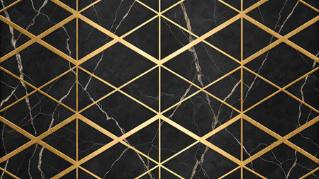 A seamless pattern featuring a dark black marble texture with white veining. Overlaid on the marble is a geometric design of thin, gold crisscrossing lines forming diamond and rhombus shapes. The gold lines create a repeating interlace effect across the surface.の素材