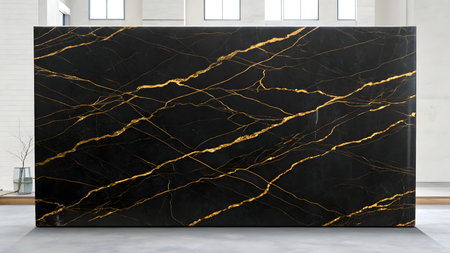 A large format slab of black marble with prominent, irregular gold veins running across its surface. The marble has a polished finish, reflecting light. The slab is presented in a minimalist interior setting with a concrete floor and a hint of a white wall and windows in the background.の素材