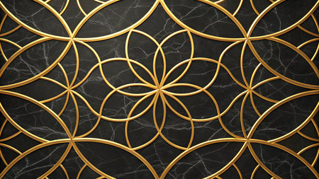 A seamless pattern featuring a dark black marble texture with thin, delicate white veins. Overlaid on this background is an intricate geometric design formed by thin, lustrous gold lines. The gold lines create repeating floral-like shapes with curved petals and interconnected circular elements, forming a luxurious and sophisticated visual texture.の素材