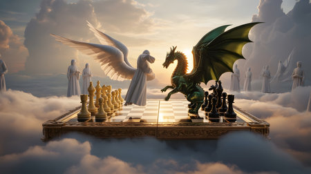 A golden chessboard floats amidst soft clouds and a warm sky. On one side, a white robed figure with large feathered wings stands opposite a green dragon. Chess pieces are set up on the board, with white pieces on the left and black pieces on the right. Several other robed figures stand in the background, also within the clouds.の素材