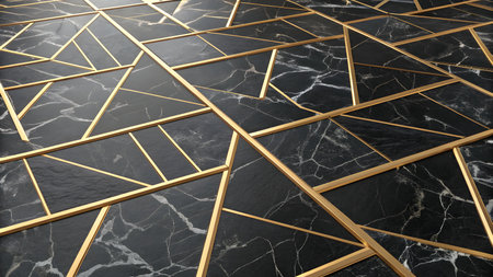 A close-up view of a surface featuring black marble tiles with white veining, divided by irregular, thin gold metallic lines forming a geometric pattern. The composition is abstract and creates a sense of depth and luxury.の素材