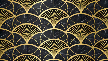 A repeating pattern featuring stylized gold fan shapes and curved lines against a dark black marble background with white veining. The gold elements have a semi-gloss finish, creating a luxurious and geometric design.の素材