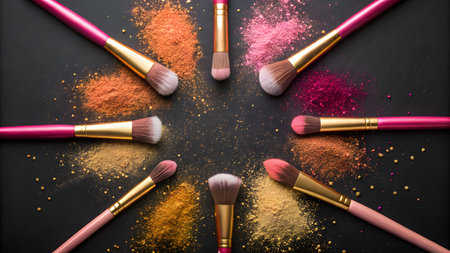 A collection of makeup brushes with pink handles and gold ferrules are arranged in a circular pattern on a dark surface. Piles of colorful powders in shades of orange, pink, gold, and brown are scattered around the brushes. Small flecks of glitter and shimmer are also visible throughout the composition.の素材