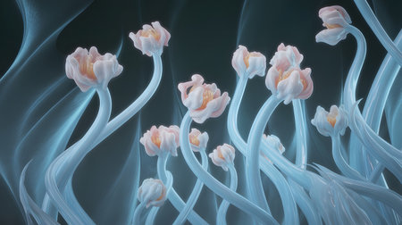 Ethereal light blue tendrils curve and twist, supporting delicate pink flower buds with soft orange centers. The background is a deep, dark tone, creating a sense of depth and highlighting the luminous quality of the abstract floral elements. The composition is organic and flowing, with a soft focus that enhances the dreamy and delicate mood.の素材