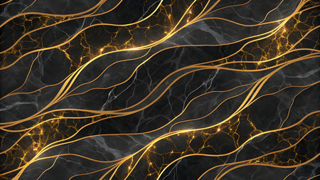 A dark, marbled surface with intricate white veins is overlaid with flowing, wavy lines of bright, glowing gold. The gold lines create a sense of movement and depth against the textured black background.の素材