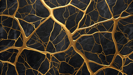 A close-up view of a black marble surface with intricate, branching veins of metallic gold. The gold lines form a complex network, resembling organic structures or kintsugi repair. The contrast between the dark, textured marble and the bright, smooth gold creates a luxurious and sophisticated visual.の素材