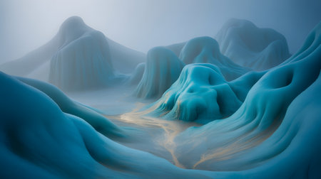 Abstract landscape with flowing forms in shades of turquoise and blue. A thin vein of gold runs through the center, resembling a river or stream. The forms are soft and rounded, with a misty, ethereal quality. The background is a soft, hazy blue.の素材