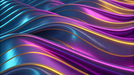 This abstract image features a series of smooth, flowing, wavy ribbons. The ribbons are predominantly a deep blue and vibrant purple, with highlights of pink and turquoise. Thin, bright golden lines run along the edges of each ribbon, creating a striking contrast. The surfaces have a metallic sheen, reflecting light and creating a sense of depth and movement.の素材