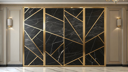 A wall featuring four panels of black marble with white veining. Each panel is divided by thin, metallic gold lines forming a geometric pattern. The marble has a polished finish. The surrounding wall is light beige with decorative molding and two wall sconces with gold accents.の素材