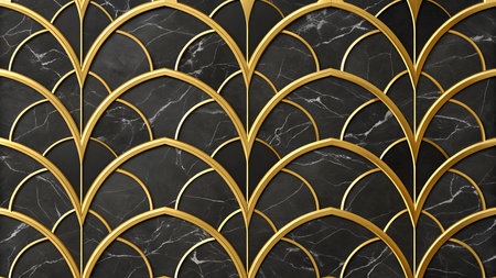 A repeating pattern of black marble with white veining is overlaid with thin, curving gold lines forming a fan-like or shell-like motif. The gold elements create a geometric and decorative design against the dark, textured background.の素材
