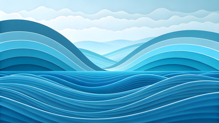 Abstract showing abstract layered blue waves and hills ocean. High resolution image suitable for commercial use. Clear details and vibrant colors enhance visual appeal.の素材