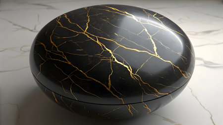 A smooth, round object with a matte black surface is decorated with intricate gold veining. It rests on a white surface also featuring subtle gold-colored veining. The composition highlights the contrast between the dark orb and the lighter background.の素材