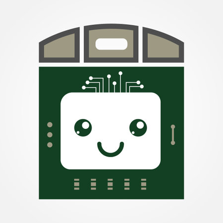 Vector illustration of cute cartoon robot character with electronic circuit board in green colorのイラスト素材