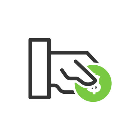 Hand giving money icon in flat style. Hand with coin vector illustration on white isolated background. Bank business concept.のイラスト素材