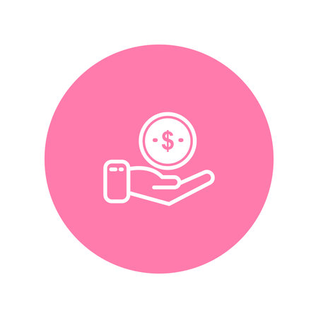Money in hand line icon for web and mobile. Vector white icon on the pink circle isolated on white background.のイラスト素材
