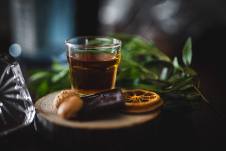 Agricultural rum with dark chocolate, orange slice and amaretto biscuitの写真素材