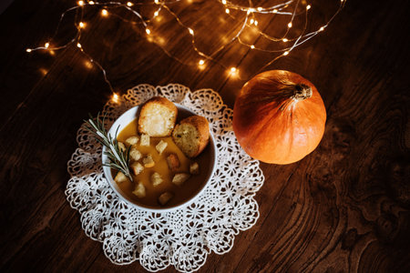 Pumpkin soup with croutonsの写真素材