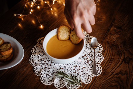 Pumpkin soup with croutonsの写真素材