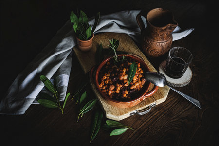Pasta and beans in terracotta bowlの写真素材