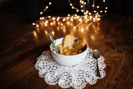 Pumpkin soup with croutonsの写真素材