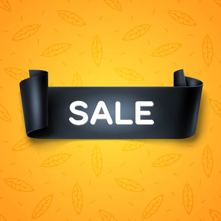 Sale inscription on black detailed curved ribbon isolated on yellow leaves background. Curved paper banner.のイラスト素材