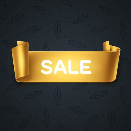 Sale inscription on gold detailed curved ribbon isolated on black leaves background. Curved paper banner.のイラスト素材