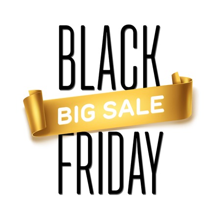 Black Friday sale inscription design template with gold detailed curved ribbon. Black Friday banner.のイラスト素材