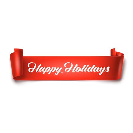 Happy Holidays inscription on red detailed curved ribbonのイラスト素材