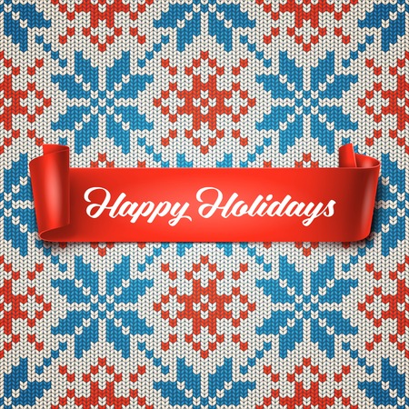 Happy Holidays greeting card with red ribbon on seamless knitted patternのイラスト素材