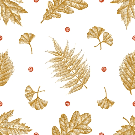 Vector illustration of Engraving Leaves Seamless Pattern.のイラスト素材