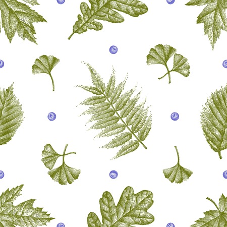 Vector illustration of Engraving Leaves Seamless Pattern.のイラスト素材
