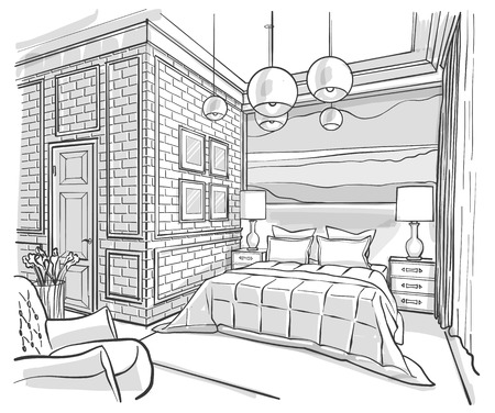 Bedroom interior outline vector sketch drawingのイラスト素材