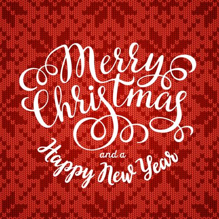 Merry Christmas hand lettering inscription on seamless knitted patternのイラスト素材