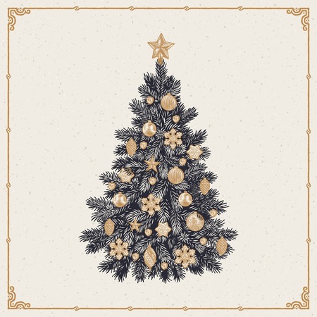 Vector illustration of detailed retro styled Christmas tree isolated on white backgroundのイラスト素材