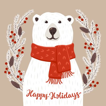 Winter greeting card of a cute hand drawn polar bear with calligraphy phrases. Christmas background with smiling cartoon character.のイラスト素材