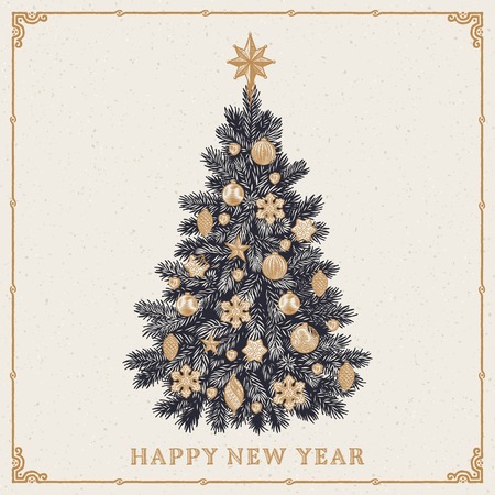 Retro styled greeting card of detailed Christmas tree with inscription. Vector illustration.のイラスト素材