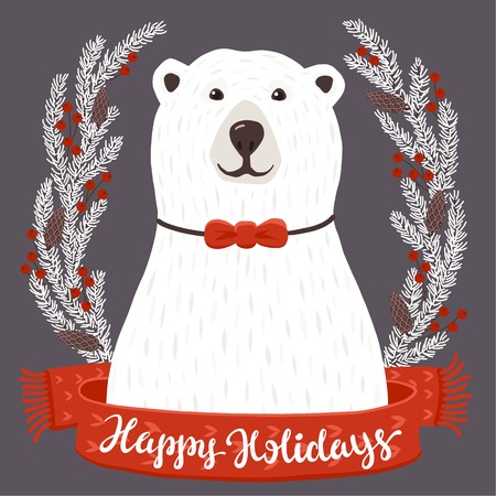 Winter greeting card of a cute hand drawn polar bear with calligraphy phrases. Christmas background with smiling cartoon character.のイラスト素材