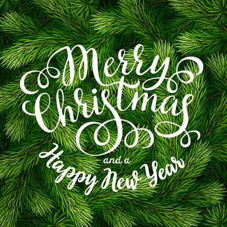 Hand drawing calligraphy phrases on detailed Christmas tree branches background for greeting card, poster, banner, website, header. Vector illustration.のイラスト素材