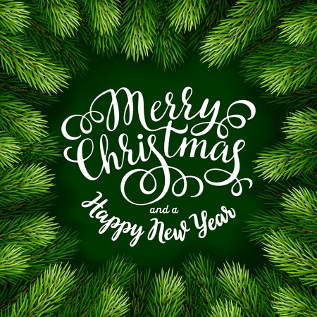 Hand drawing calligraphy phrases with detailed christmas tree Wreath for greeting card, poster, banner, website, header. Vector illustration.のイラスト素材