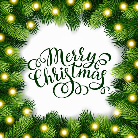 Hand drawing calligraphy phrases with detailed christmas tree Wreath for greeting card, poster, banner, website, header. Vector illustration.のイラスト素材