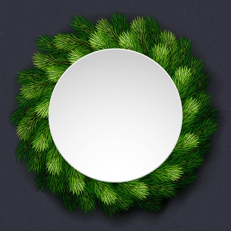 Wreath of detailed Christmas tree branches  with white board for greeting card, poster, banner, website, header. Vector illustration.のイラスト素材