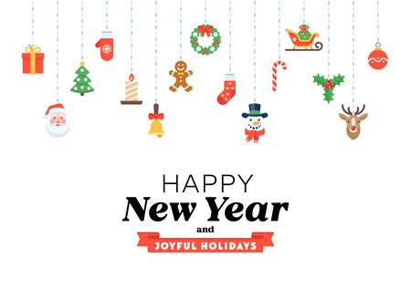 Xmas greeting card of flat pictograms and seasonal congratulations phrases for poster, banner, website, infographics.のイラスト素材