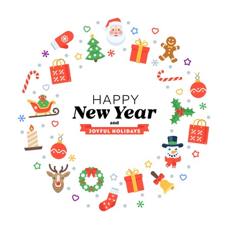 Xmas greeting card of flat traditional decoration elements and seasonal congratulations phrases for poster, banner, website, infographics.のイラスト素材