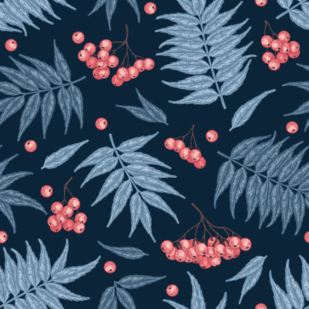 Engraving autumn rowanberry seamless pattern. Vintage seasonal decor.のイラスト素材
