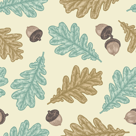 Engraving seamless pattern of Oak Leaf and Acorn. Detailed hand drawn autumn background.のイラスト素材