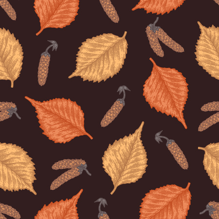 Engraving seamless pattern of birch leaves and seeds. Vintage etching seasonal decor.のイラスト素材